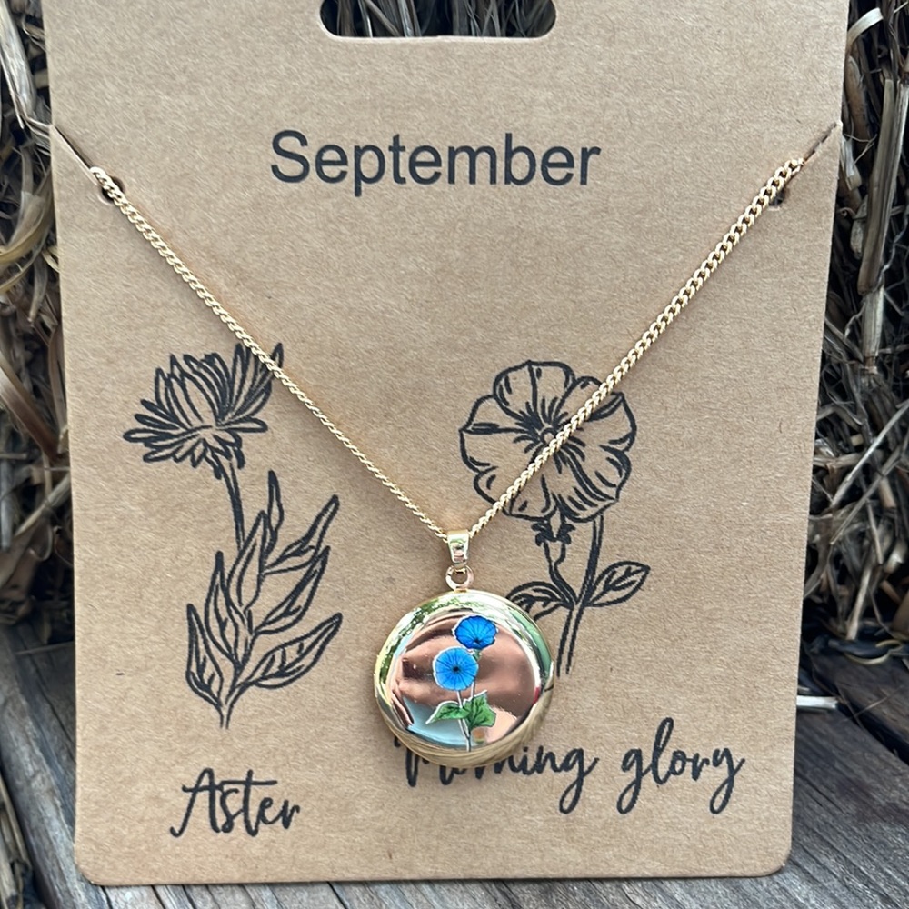Blue Morning Glory September Birth Flower Gold Locket Necklace